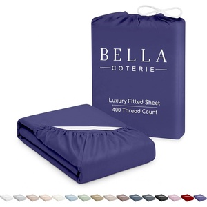 image:imageBella Coterie  Luxury Bamboo Viscose Queen Size Fitted Sheet Only  Organically Grown  Cooling For Hot Sleepers  Ultra Soft  18 Deep Pocket  With Corner Straps IvoryTwilight Blue