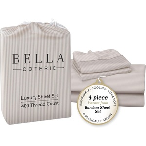 image:imageBella Coterie Luxury Bamboo Viscose King Size Sheet Set  Organically Grown  Cooling  Ultra Soft amp Breathable  18 Deep Pocket w Corner Straps  Hypoallergenic White22  Striped Dune