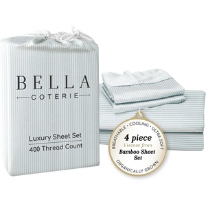 image:imageBella Coterie Luxury Bamboo Viscose King Size Sheet Set  Organically Grown  Cooling  Ultra Soft amp Breathable  18 Deep Pocket w Corner Straps  Hypoallergenic White23  Striped Coastal Blue